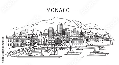 Monaco Skyline Line Art Illustration with Yachts and Scenic Mountain View