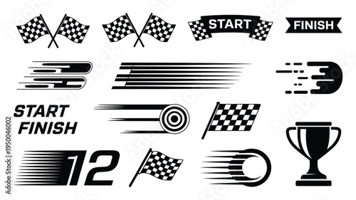 Racing and Competition Icons featuring checkered flags, start-finish lines, speed elements, and winner’s trophy, dynamic vector set for motorsport and sports events illustration.
