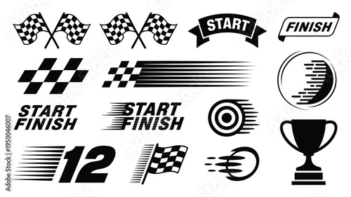 Racing and Competition Icons featuring checkered flags, start-finish lines, speed elements, and winner’s trophy, dynamic vector set for motorsport and sports events illustration.