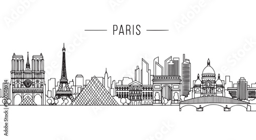 Paris City Skyline Line Art Illustration Featuring Famous Landmarks