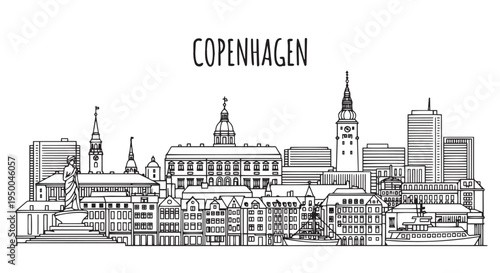Copenhagen Cityscape Outline Drawing Featuring Iconic European Architecture and Canal Houses