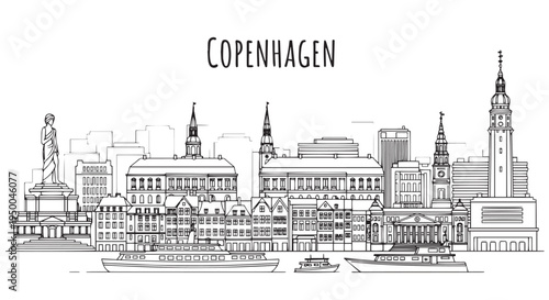 Copenhagen City Skyline Hand Drawn Vector Outline Illustration