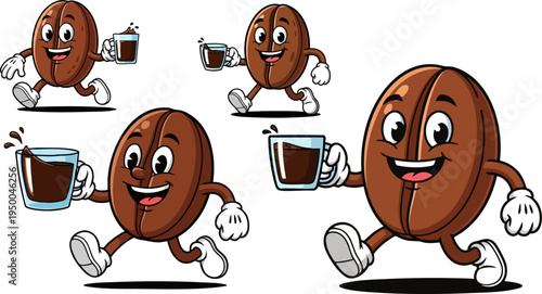 Set of 4 Happy Coffee Bean Cartoon Characters Walking and Holding a Cup of Hot Coffee Vector Illustration