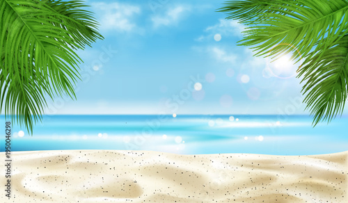 sea beach with palm tree leaves background