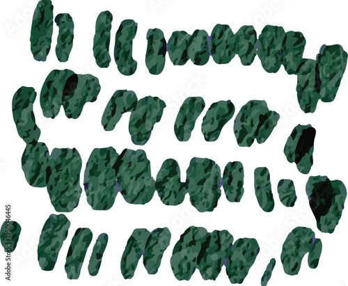 Abstract green shapes float against a plain white background. The forms appear organic, with irregular, chunky edges. Each shape varies slightly in size and texture. They suggest natural