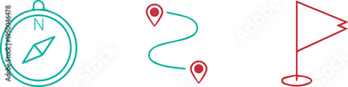 Compass, Route Map, and Flag Icons Representing Navigation and Destination