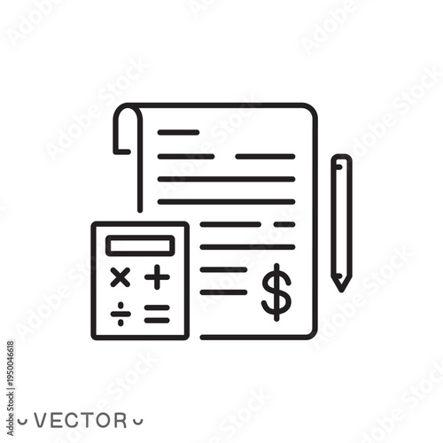 tax form icon, calculate, tax return, filing tax form, corporate and financial accounting, accounting, thin line symbol isolated on white background, editable stroke eps 10 vector illustration