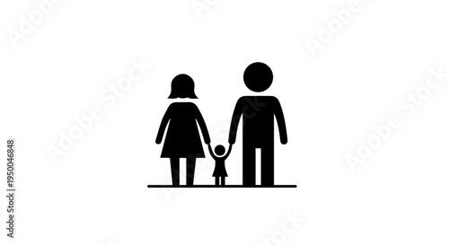 Simple black and white icon illustration representing a unified family unit with parents and a child standing together