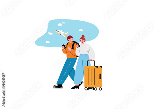 旅行に行くカップルのイラスト