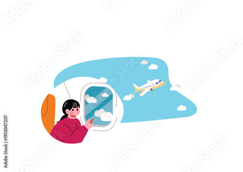飛行機で旅立つ女性のイラスト