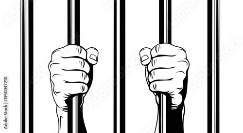 Hands gripping prison bars, symbol of confinement, crime, and justice.