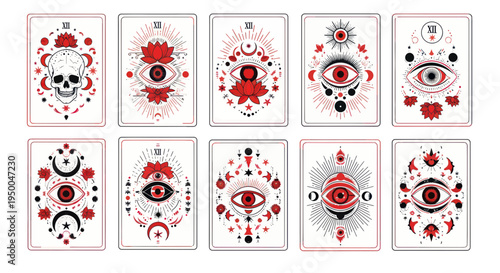 Mystical Tarot Cards with Esoteric Symbols: Eyes, Skulls, Moons, Stars