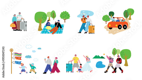 旅行に出かける人々のイラストセット