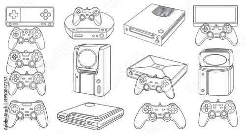 Retro and Modern Video Game Consoles and Controllers - Line Art Collection