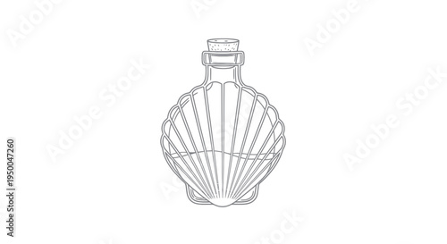 Seashell shaped bottle with cork stopper, outline illustration