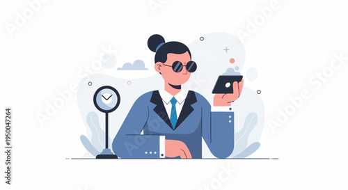 Person in suit holding a smartphone, with a clock in background