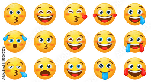 Set of 15 Happy and Sad Emoji Faces, Cartoon Style