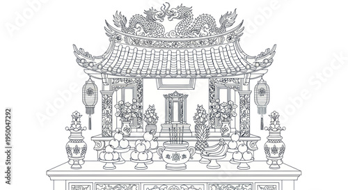 Traditional Asian Altar with Dragon, Lanterns, Fruits and Incense - Line Art