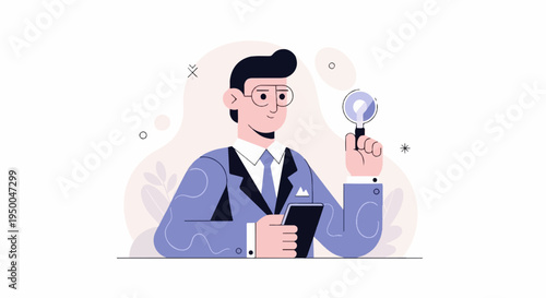 Person in suit holding magnifying glass, examining tablet