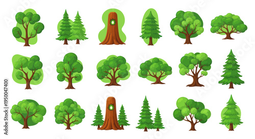 Collection of diverse cartoon trees with green foliage and brown trunks, isolated on white
