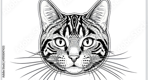 Detailed illustration of a tabby cat's face, black and white sketch, expressive eyes
