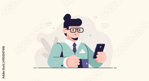 Person in suit with glasses looking at smartphone, minimalist style