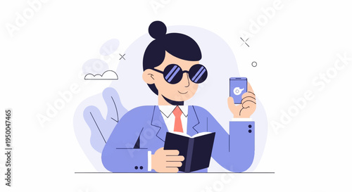 Person in suit with glasses reading a book and holding phone