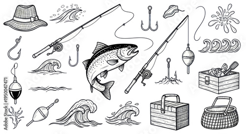 Fishing Gear and Salmon Illustration Set - Hand Drawn Sketch Style