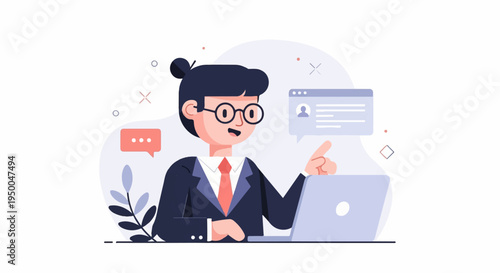 Person in suit with glasses using a laptop, interacting with digital elements