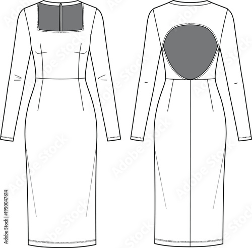 Long sleeve midi bodycon dress flat sketch, back cutout detail, CAD drawing vector, technical fashion illustration, fitted silhouette design