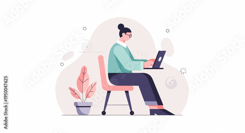 Person in teal shirt and dark pants works on laptop at desk