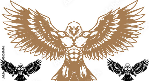 Muscular Eagle Mascot Vector Illustration Set with Spread Wings in Brown and Black for Sports, Branding, and Logo Design