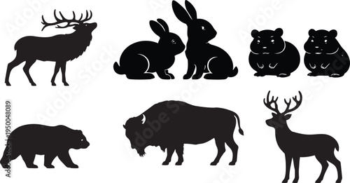 Rabbits, Hamsters, White-tailed Deer, Elk, Black Bear,  American Bison, Black Silhouette Bundle. Art & Illustration