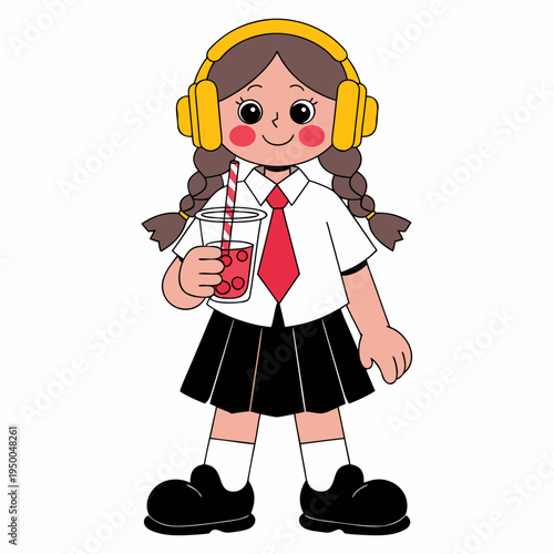 A young girl in a school uniform against a white background. She has braided brown hair, wears large yellow headphones, and is holding a plastic cup of red bubble tea with a striped straw.