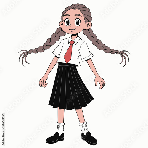 A cheerful cartoon illustration of a schoolgirl in uniform, with long braided hair, a red necktie, and a bright, expressive smile.