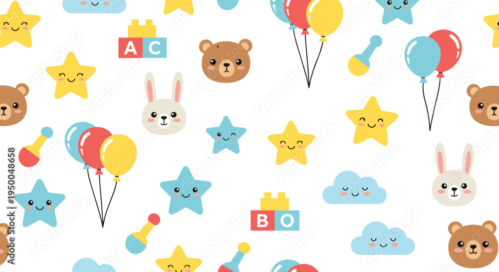 Fototapeta premium Fun Kids' Pattern Featuring Bears, Bunnies, Balloons, Stars, Blocks, and Cloud Elements for Playful Nursery and Child Décor