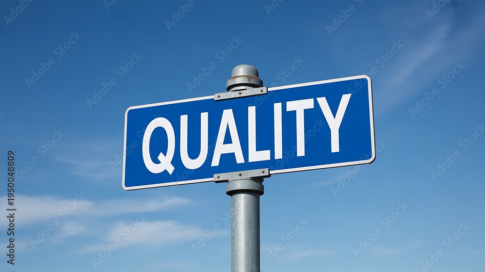 Fototapeta premium Blue street sign with 'QUALITY' on silver pole against blue sky