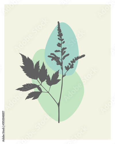 Dark Plant Silhouette with Teal and Mint Green Organic Shapes on Cream Background, Modern Scandinavian Wall Decor Illustration