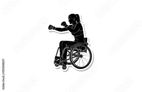 Women's Wheelchair MMA Athlete Offensive Stance Silhouette, Adaptive Combat Sports Inclusion Vector Sticker, High Performance Para Athlete Icon