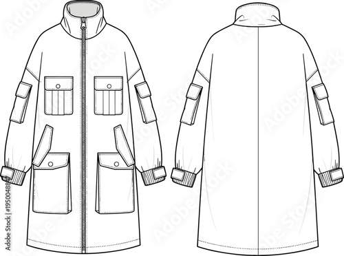 Long utility jacket flat sketch with multiple pockets, zipper front, technical fashion illustration, cad drawing vector fashion template for design