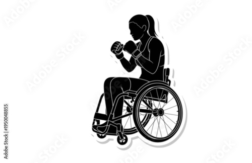 Women's Wheelchair MMA Athlete Offensive Stance Silhouette, Adaptive Combat Sports Inclusion Vector Sticker, High Performance Para Athlete Icon