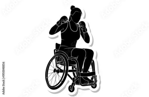 Women's Wheelchair MMA Athlete Offensive Stance Silhouette, Adaptive Combat Sports Inclusion Vector Sticker, High Performance Para Athlete Icon