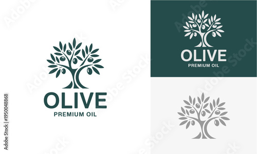 Elegant stylized olive tree logo design for premium quality extra virgin olive oil brands, symbolizing nature, freshness, and Mediterranean healthy cuisine products