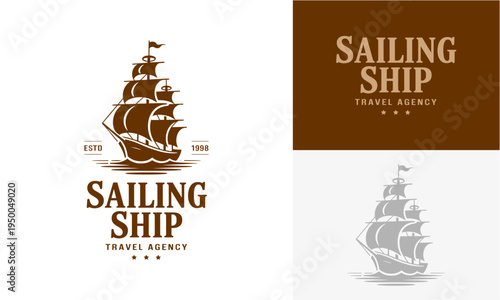 Vintage sailing ship emblem design, perfect for a classic travel agency or maritime company, symbolizing historical voyages, exploration, and grand sea adventures