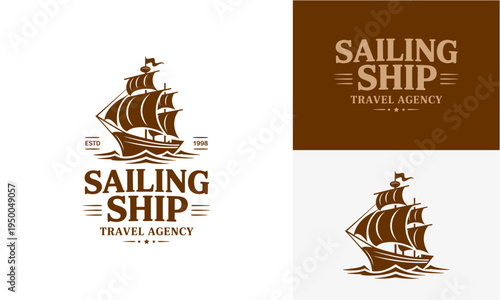 Vintage Tall Ship Logo Design for Maritime Travel Agency Branding, Nautical Adventure and Ocean Voyage Symbol