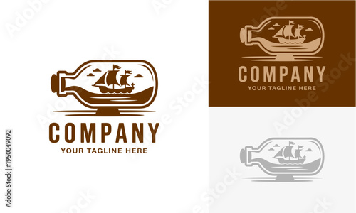 A captivating vintage-style logo design featuring an elegant sailing ship beautifully enclosed within a classic glass bottle, perfect for maritime businesses and nautical themes