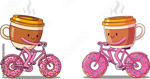 Cute cartoon coffee cups with happy faces riding pink bicycles with donut wheels, a fun and whimsical vector illustration for cafes, breakfast, or morning themes