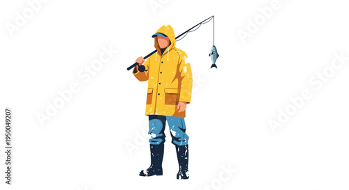 Fisherman in Yellow Raincoat Holding Rod with Fish