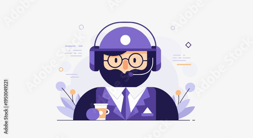 Flat illustration of a person with headphones and coffee, ready to assist
