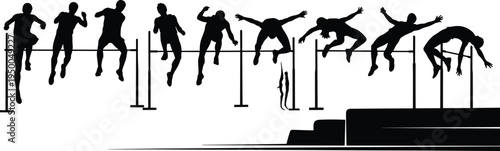 Set of black athlete silhouettes jumping over hurdles in track and field competition, sports achievement, hurdle race, and athletic training.